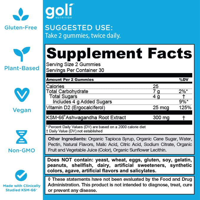 Goli Ashwagandha & Vitamin D Gummy - 60 Count - Mixed Berry, KSM-66, Vegan, Plant Based, Non-GMO, Gluten-Free & Gelatin Free Relax. Restore. Unwind, Pack of 1