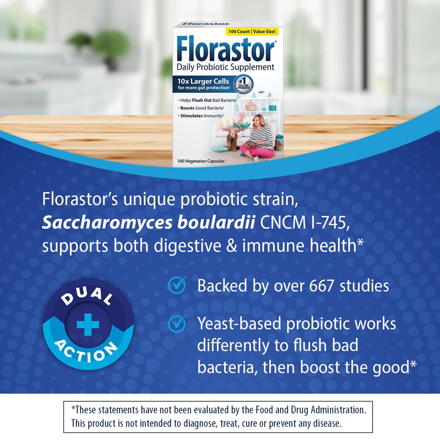 Florastor Probiotics for Digestive and Immune Health, 100 Capsules, Probiotics for Women & Men, Helps Flush Out Bad Bacteria, Boosts The Good with Our Unique Strain Saccharomyces Boulardii