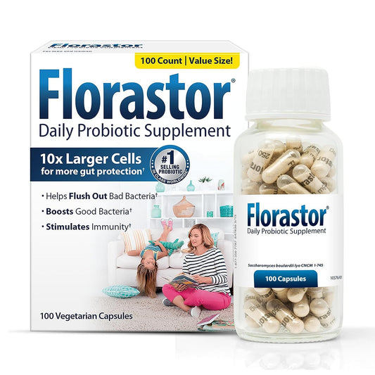 Florastor Probiotics for Digestive and Immune Health, 100 Capsules, Probiotics for Women & Men, Helps Flush Out Bad Bacteria, Boosts The Good with Our Unique Strain Saccharomyces Boulardii